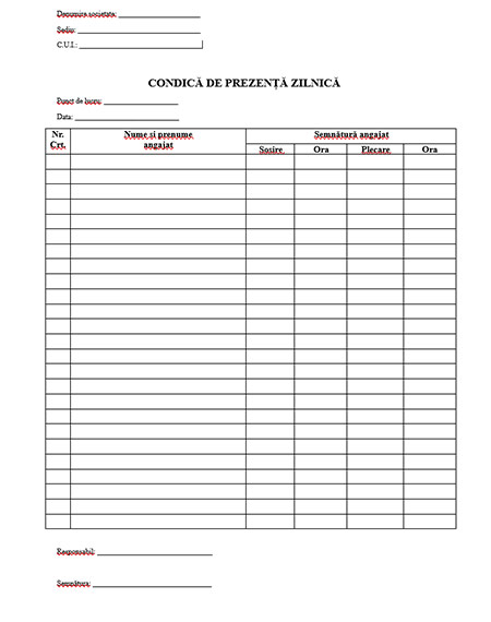 model condica de prezenta zilnica 